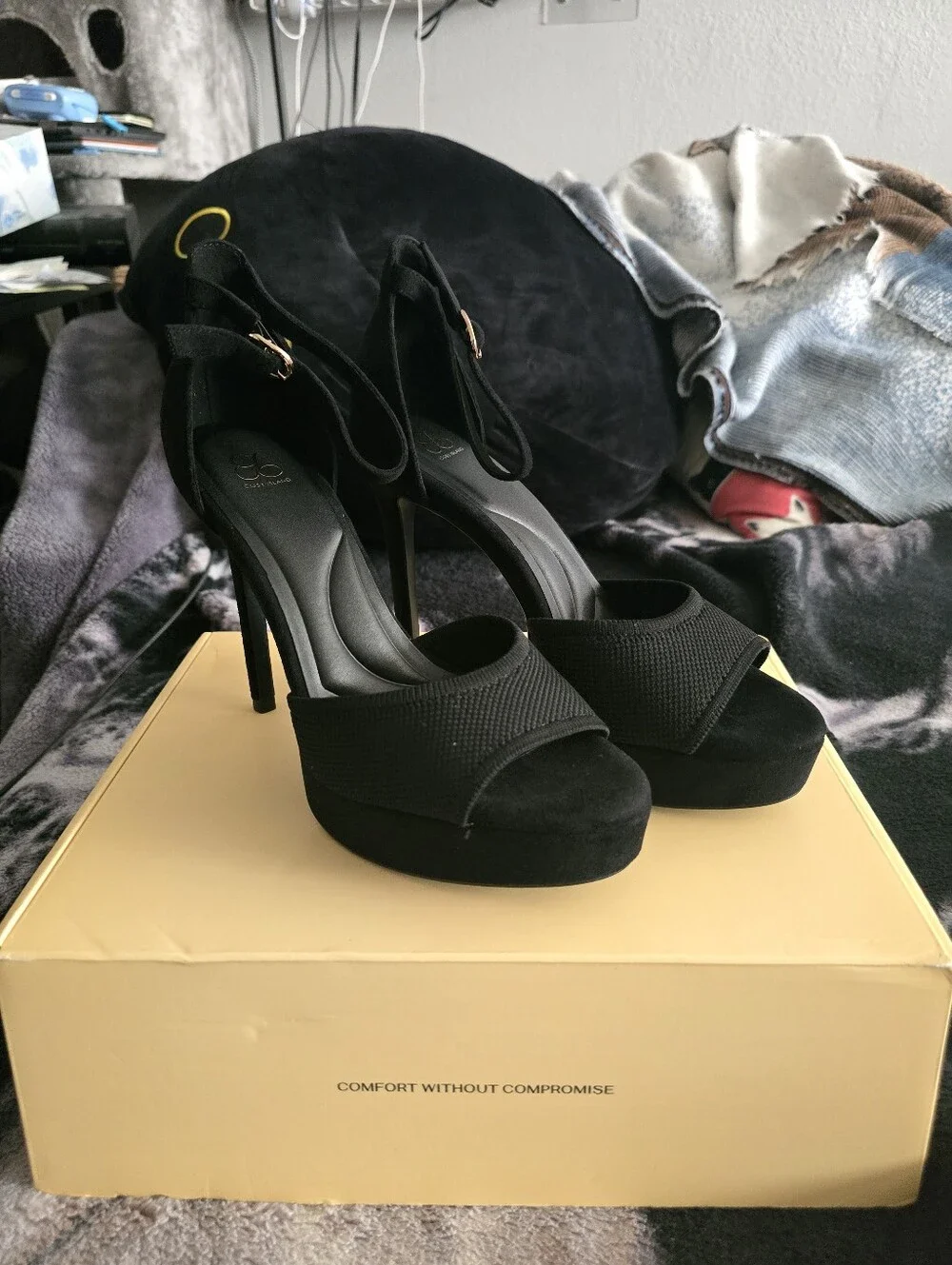 Black Platform Ankle-Strap High Heels - Women's 8.5